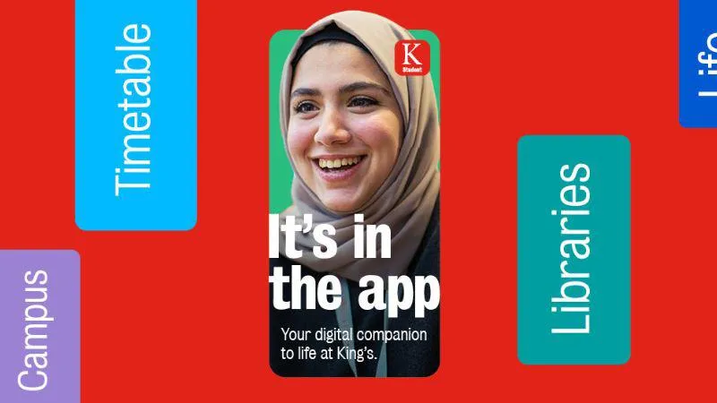 A promotional banner featuring a digital app for students at King's College. The background is primarily red, and various colorful blocks contain different labels related to student life, such as 