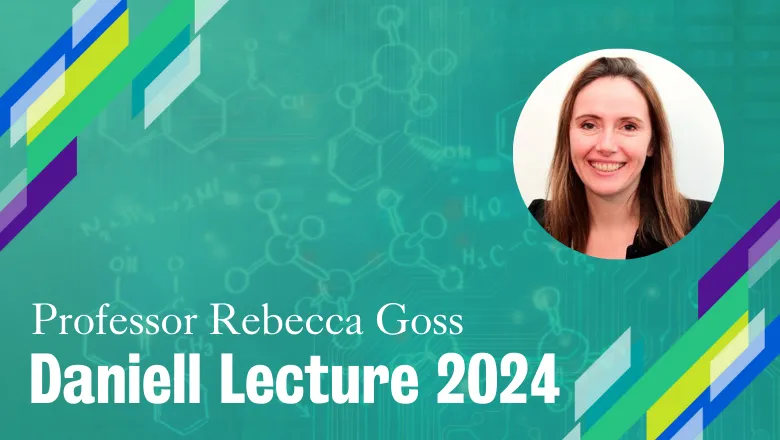 An illustration of chemical formula, with a photograph of Professor Rebecca Goss superimposed on top in a circle cutout