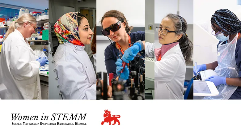 Five female scientists representing a diverse range of ethnicities, faiths and ages work in their respective science labs