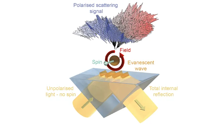 A beam transformed: Optical transforms like tight focussing and total internal reflection, which gives rise to an evanescent field, can lead to out-of-plane polarization components and transverse spin, even for totally unpolarized input light. (Image Courtesy: Diane Roth)