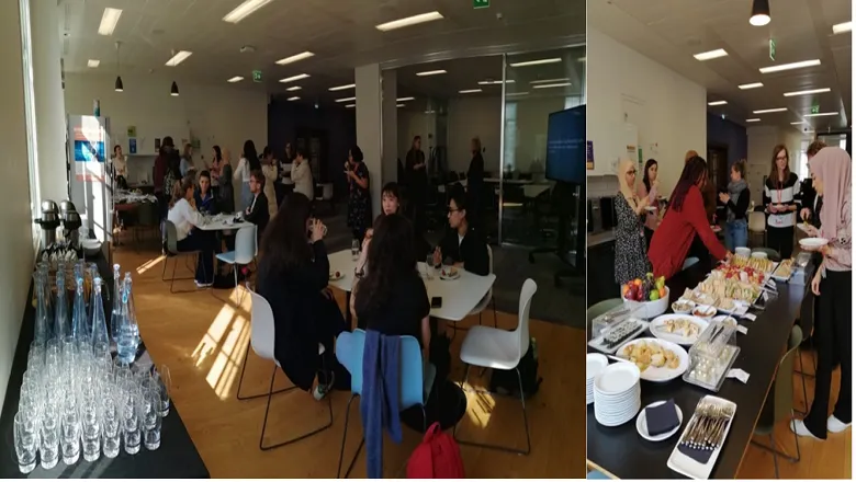 collage of two images of women sitting together eating and standing next to a buffet table