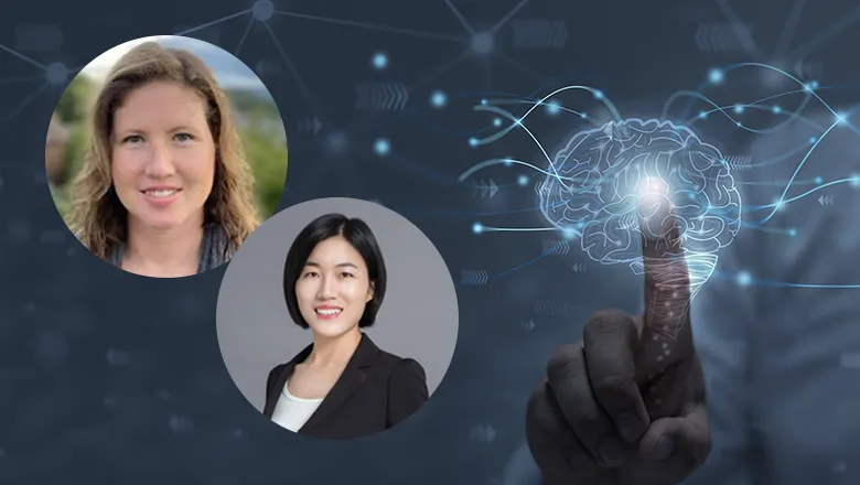 Caitlin Bentley (L) and Yali Du (R) on a grey background with a brain