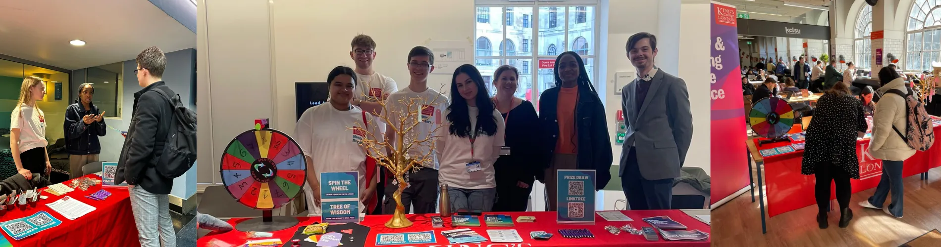 Three images of students at King's Student Money Mentor stalls during National Student Money Week.