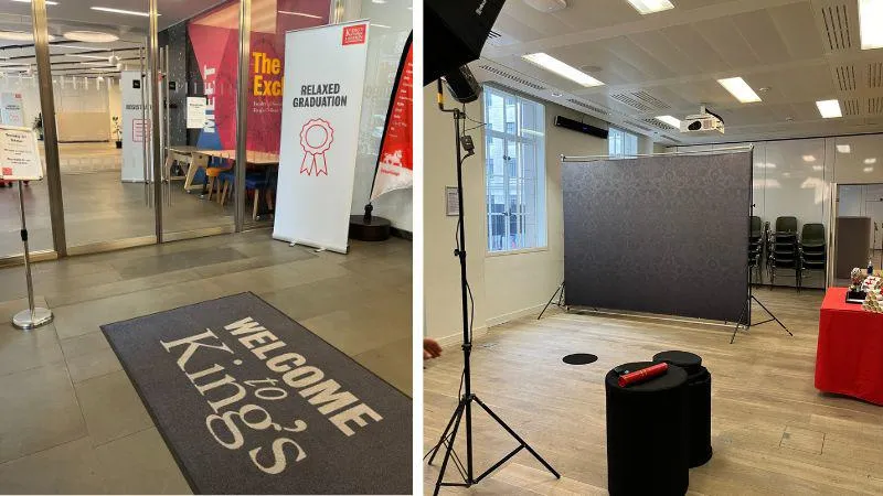 Two photos are side by side. The photo on the left features a sign that says 'Relaxed Graduation' with a 'Welcome to King's' rug on the floor. The photo on the right shows a photography set up with scrolls on a table nearby and lighting.