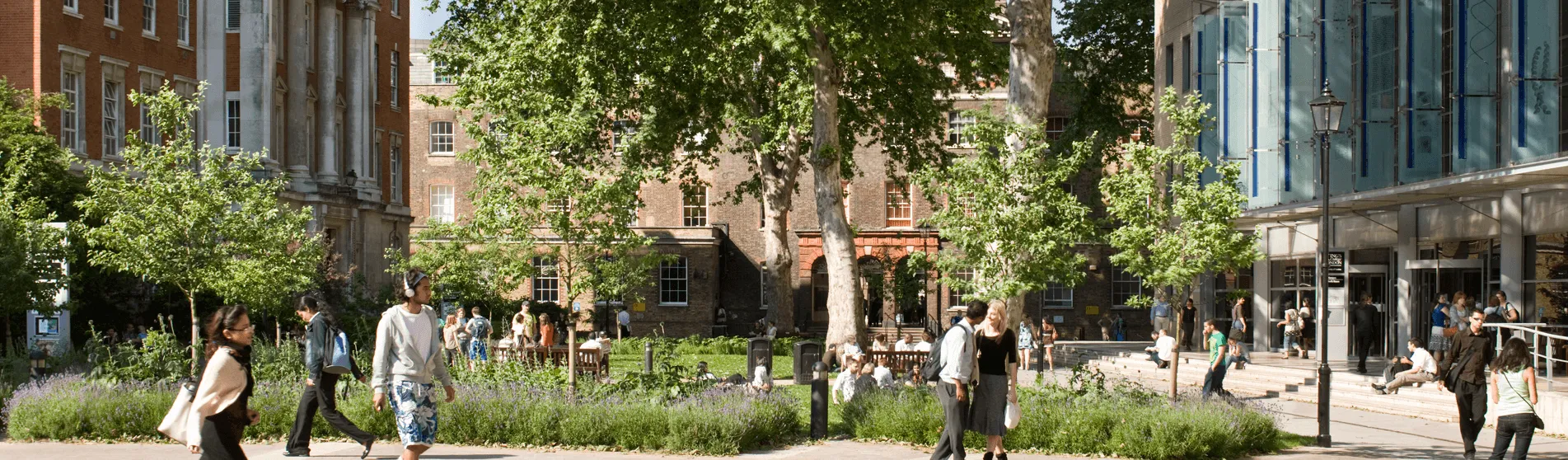 People walking around a leafy courtyard at Guy's Campus on a sunny day.