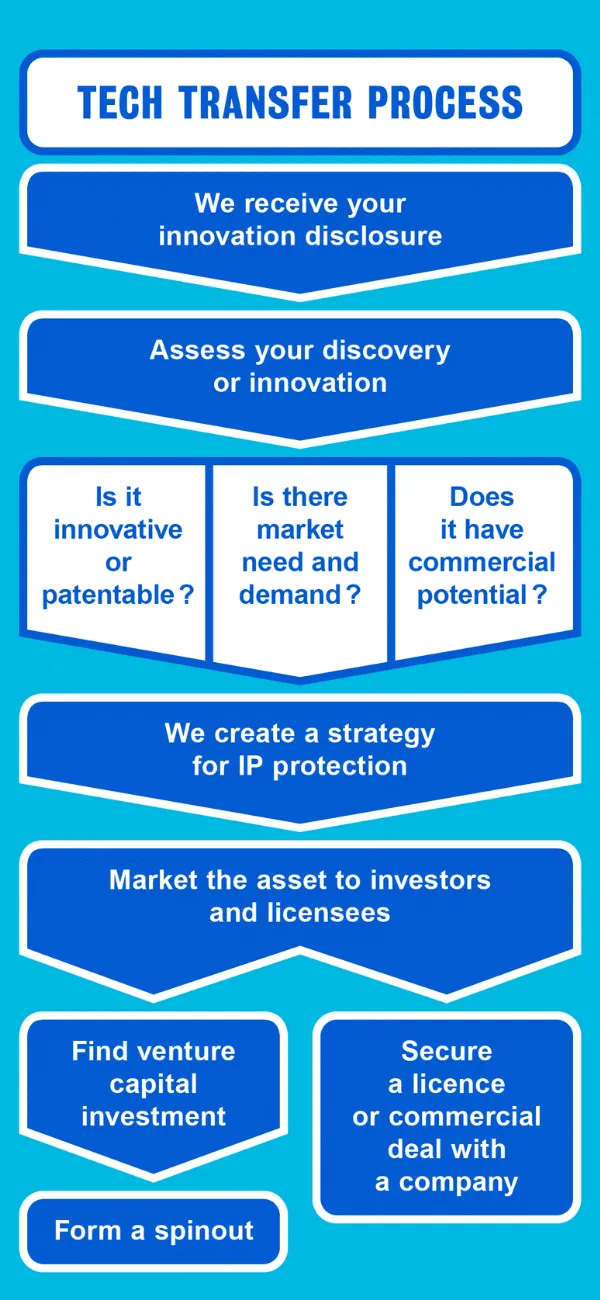 Visual representation of the tech transfer process, highlighting key steps in moving innovations from lab to market.