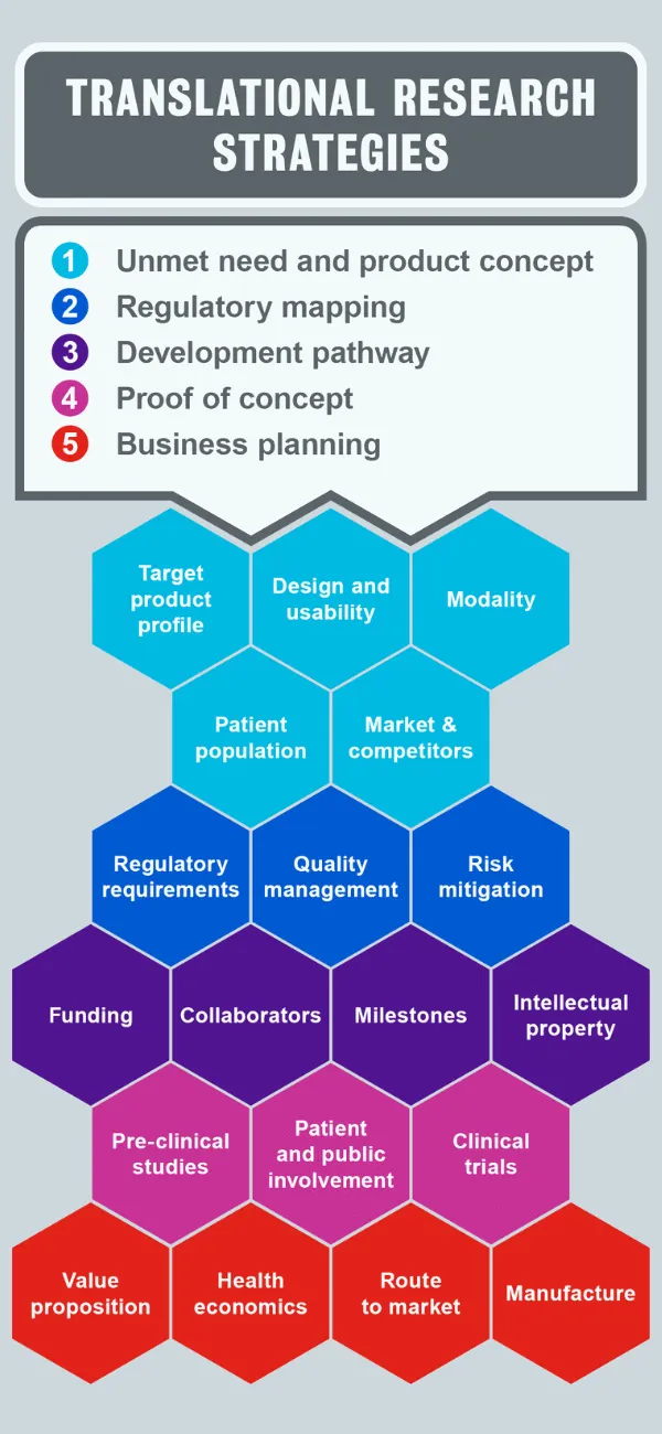 A diagram illustrating the five branches of King's translational research strategies (Unmet need and product concept, regulatory mapping, development pathway, proof of concept and business planning). 