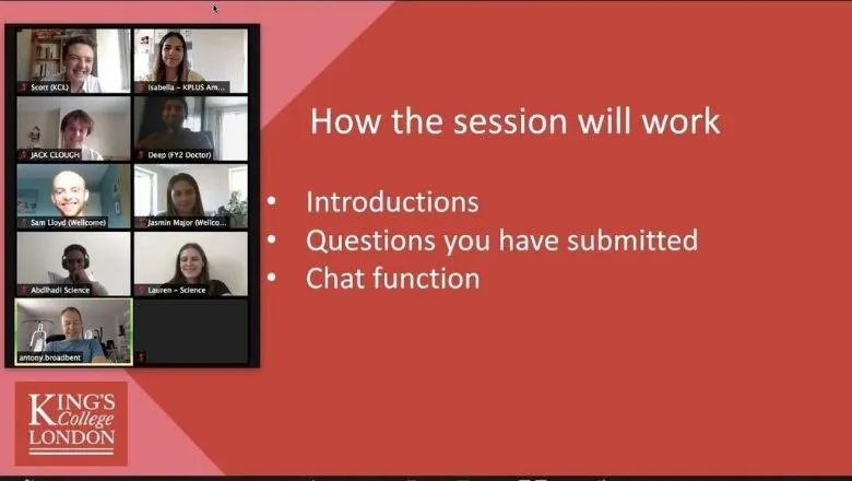 A screenshot of a presentation with participants on the left and a powerpoint slide on the right. Text says: How the session will work  - introductions, questions you have submitted, chat function'