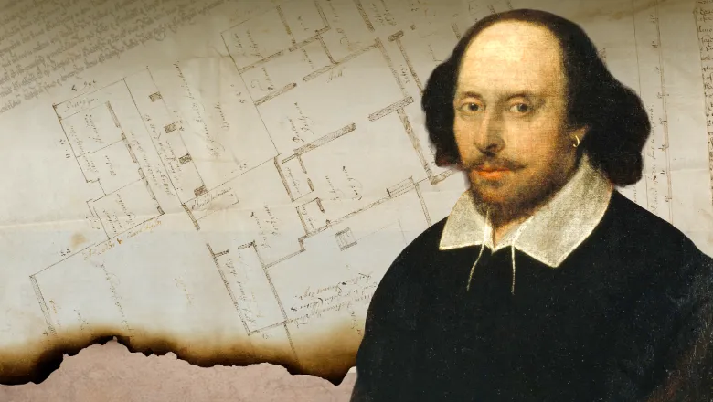 Portrait of Shakespeare overlayed on map (map credit The London Archives).