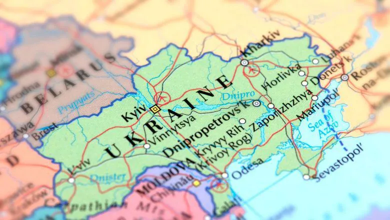 Close-up of Ukraine on world map