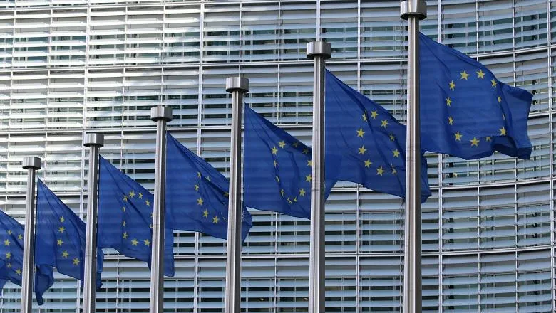 a line of european union flags in front of a building