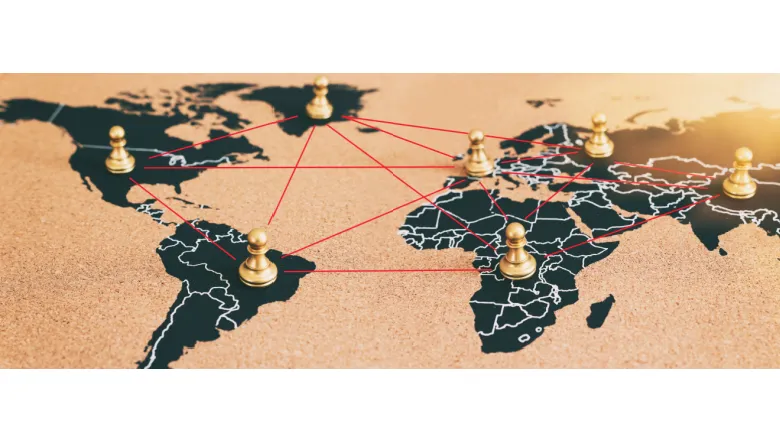 concept of geopolitics or worldwide economy. chess figures placed on map banner