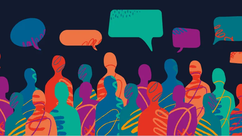 A colourful illustration of diverse community silhouettes with speech bubbles, representing inclusive communication.