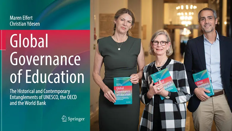 Photo montage of the book cover next to a photo of, from left to right, Maren Elfert, Susan Robertson and Diego Santori, in the King's Building.