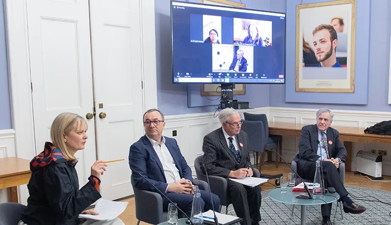 Professor Linda Woodhead chairing the panel featuring Professor Liviu Matei, David Lock, Professor Terence Karran, Tamires Sampaio and Clare Robinson.