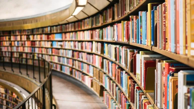 Books on shelves in a library - by susan-q-yin