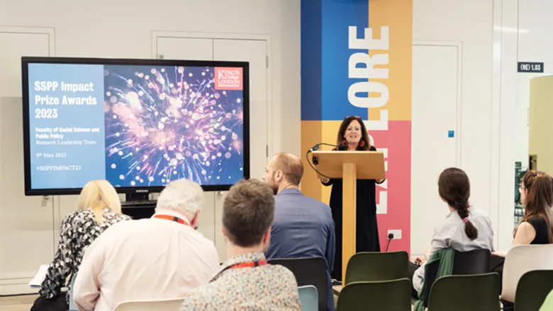 Professor Cathy McIlwaine welcoming attendees to the SSPP Impact Awards 2023