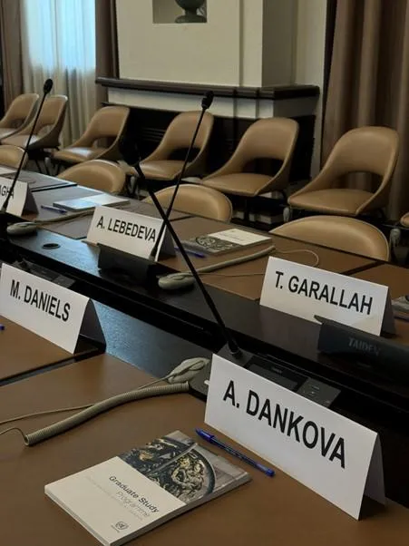 Name plates for Alexandra Dankova and Anna Lebedeva at the Graduate Study Programme, UN Geneva, in July 2024.