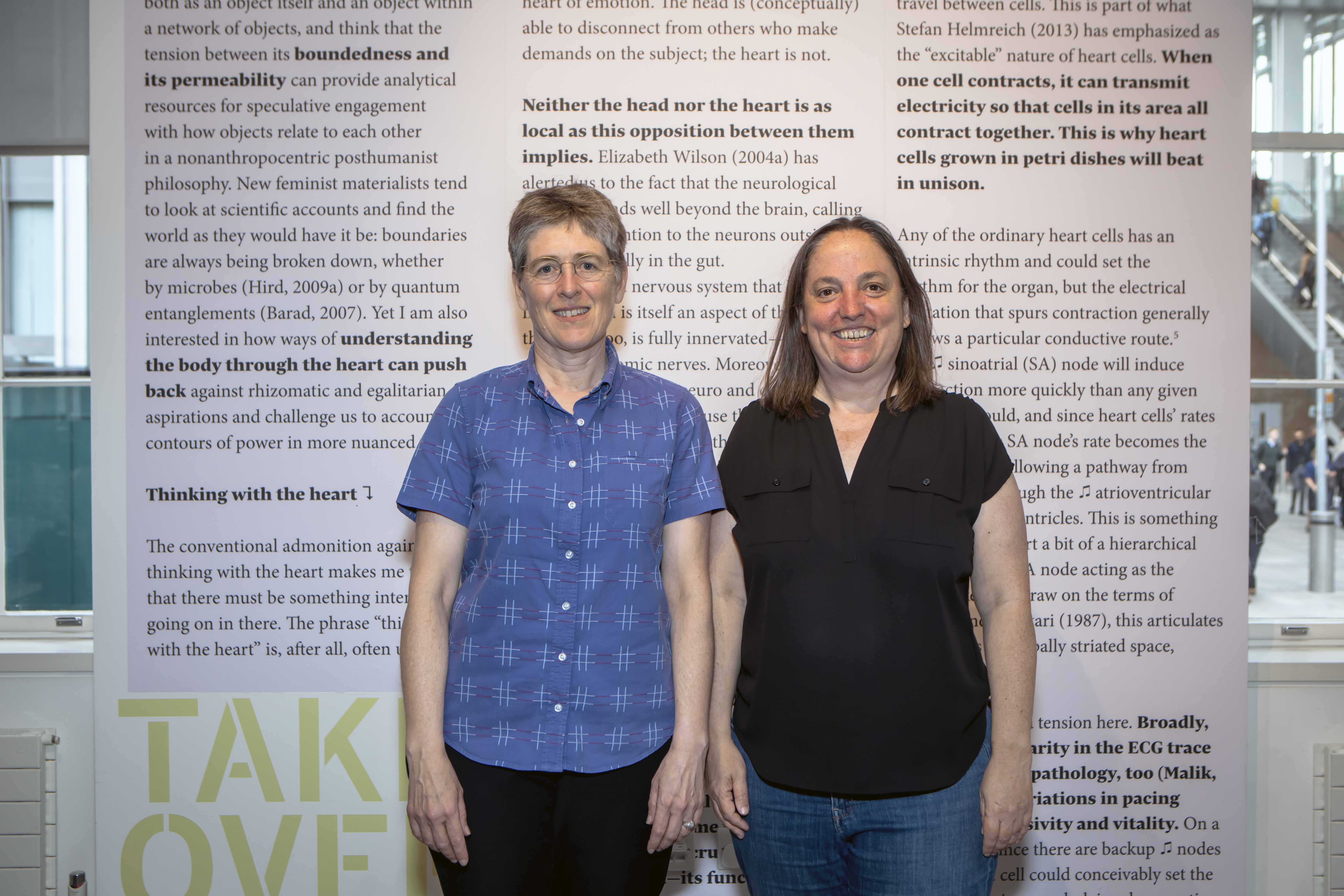 Professor Nina Wakeford (Left) and Professor Anne Pollock at  ‘Careful Whisper’ installation in the Science Gallery London. 