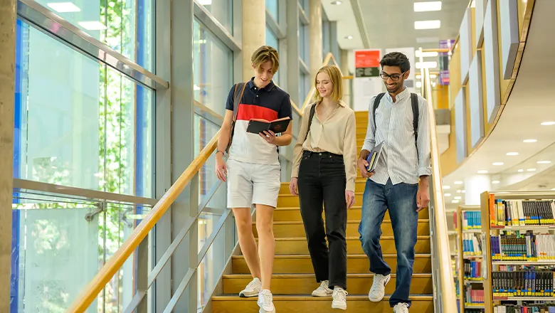 Three students in conversation, walking down a set of stairs