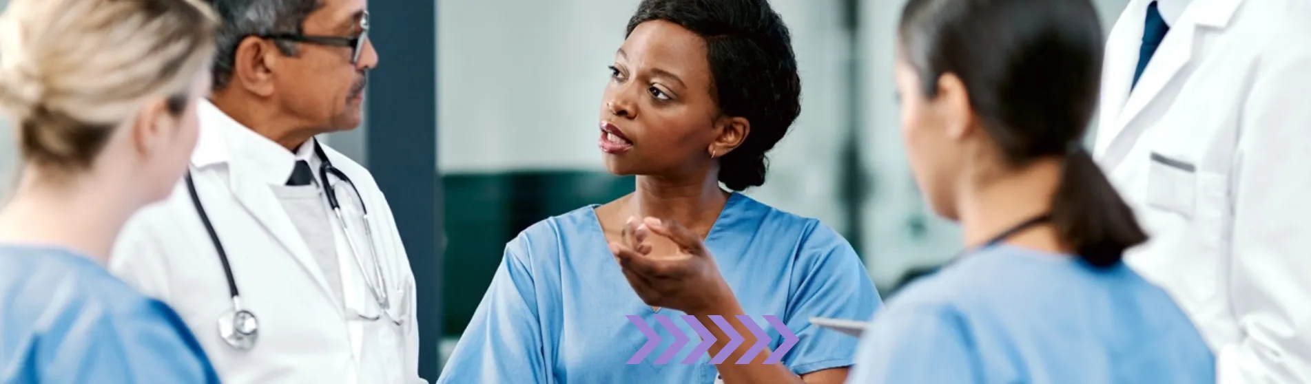 Nurses speaking with purple horizontal chevrons