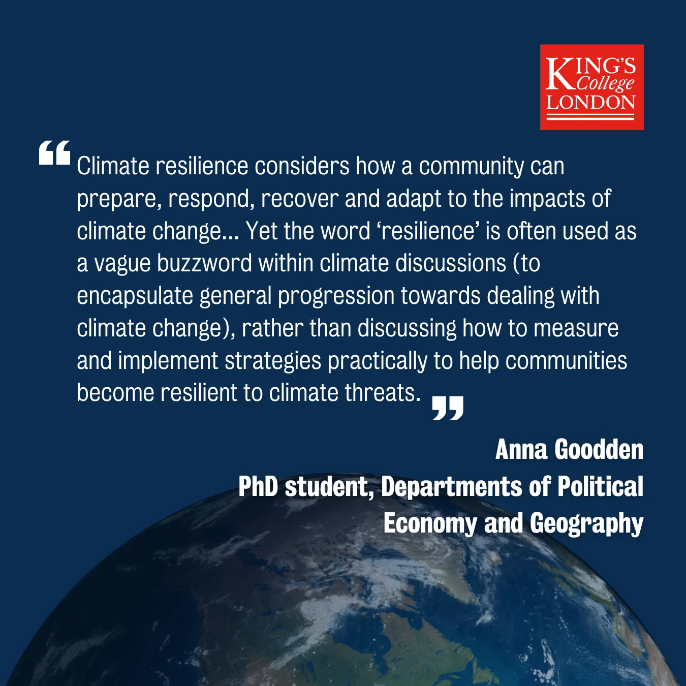 Quote about climate resilience by Anna Goodden on a blue background with a picture of the Earth