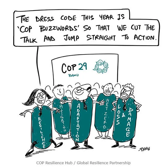 A cartoon drawn at COP29 of world leaders wearing clothes with climate resilience buzzwords.