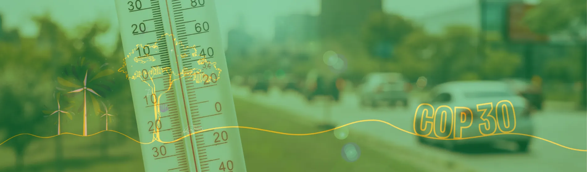 A thermometer showing rising temperatures with a blurry city in the background