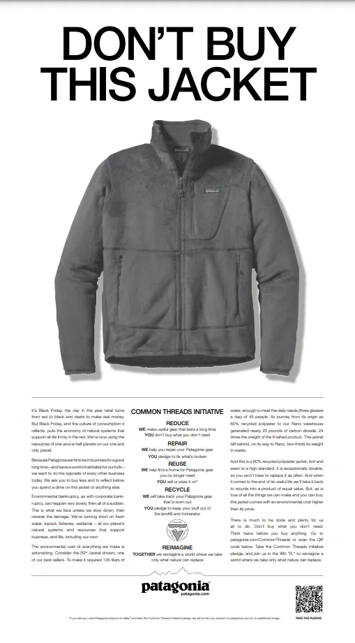 Advert by Patagonia saying 'don't buy this jacket'
