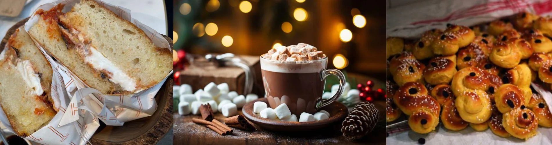 It features three distinct visuals: a toasted sandwich, a festive hot chocolate topped with marshmallows, and a tray of golden, sweet pastries.